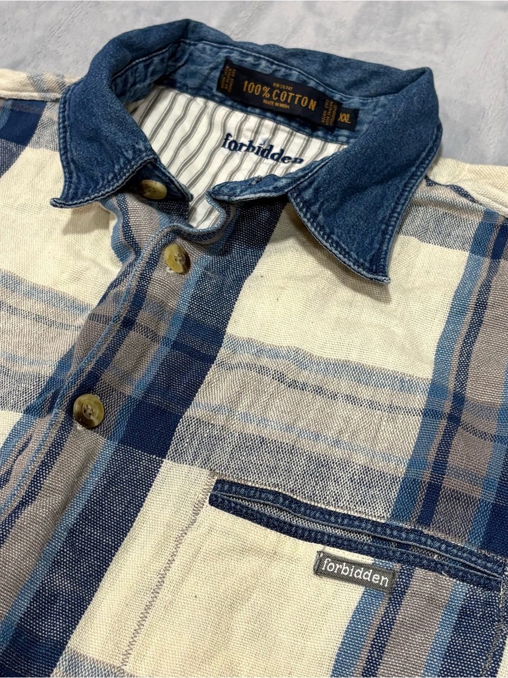 Vintage 90s Forbidden Plaid Button Down Shirt Denim Collar Boxy Oversized XXL